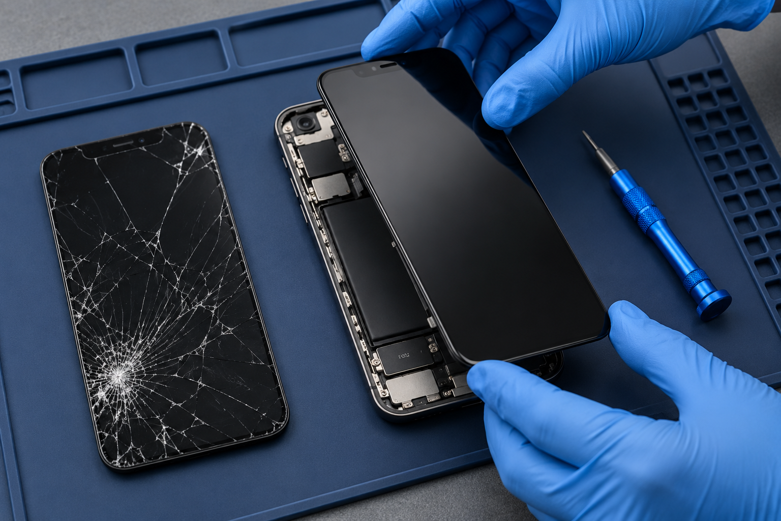 Substituição de tela quebrada por uma nova em smartphone — imagem ilustrativa